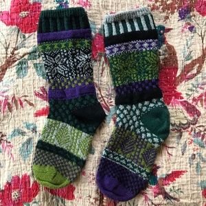 Bundle up! Socks 3 for $5: mismatched warm socks with purple and green pattern
